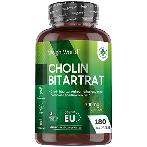 Cholin Kapseln - 700mg aktives Cholin Pulver pro Portion - 180 Vegan Kapseln für 3 Monate Vorrat - Normalen Leberfunktion*, Homocystein- & Fettstoffwechsel* (*EFSA) - Cholin Bitartrat - WeightWorld Cover