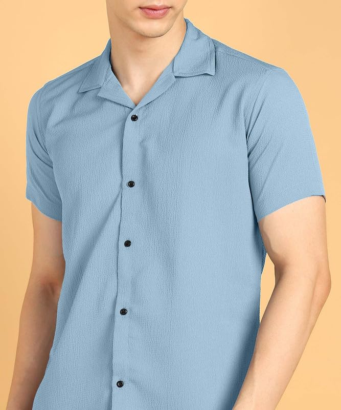 Image of COMBRAIDED Men's Solid Cotton Blend Half Sleeve Shirt - Regular Fit Casual Button-Down Shirt for Office & Travel - Summer & Spring