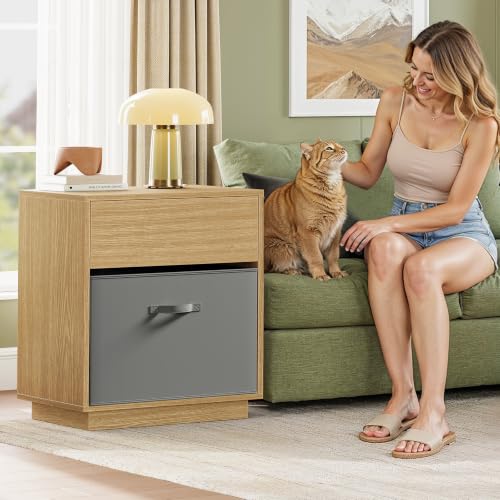 Image of TEENFON Nightstands Set of 2, Night Stand with Drawer and Open Shelf, Nightstands Bedside Table with Removable Fabric Drawer, Night Stands for Bedroom, Small Space, Natural