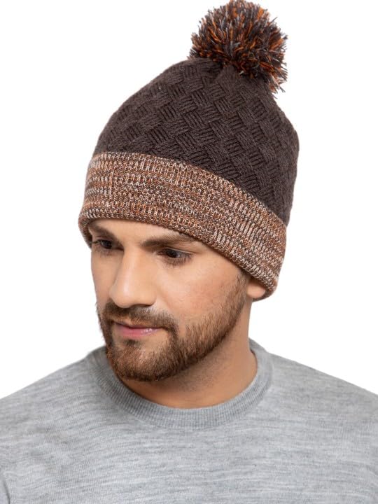 513 Men’s Acrylic Knitted Soft and Warm Winter Woolen Skull Beanie Cap with Pom Pom Coffee