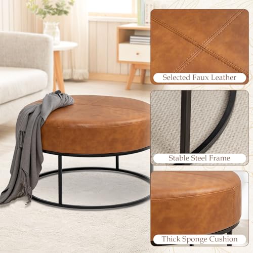 Image of Modern Round Coffee Table, Farmhouse Ottoman for Living Room, Large Vintage Faux Leather Coffee Tables with Leather Upholstered Padded Seat [Round, Vintage Brown, 30'']