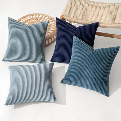 Image of MIULEE Boho Farmhouse Throw Pillow Covers 16x16 Inch Set of 4 Western Neutral Decorative Cushion Covers Soft Modern Coastal Corduroy Spring Decor for Couch Bed Sofa Living Room Dark Blue Navy Series