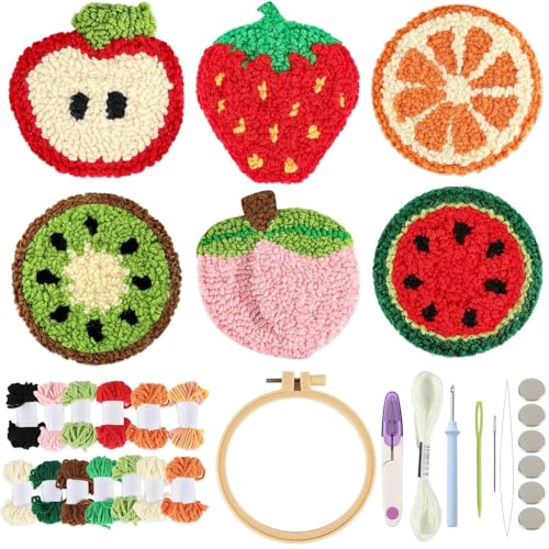 Image of Justforjoyful 6 Set Punch Needle Embroidery Coasters Craft Kits Punch Needle Refrigerator Magnets Kit Tool Threader Fabric for Christmas Winter Beginners Adults DIY Handmade Gifts Party(Fruit)
