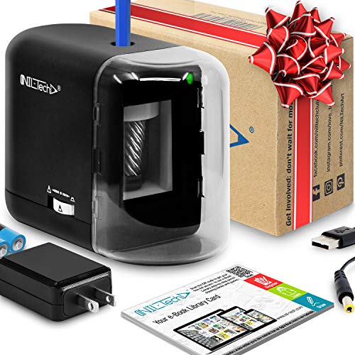 NIL TECH Electric Pencil Sharpener - Added BONUS of Drawing Tutorials Digital Library. Portable Heavy Duty Multi Powered AC Plug In And Battery Operated. For Artist, Art Classroom, Office, Small Kids