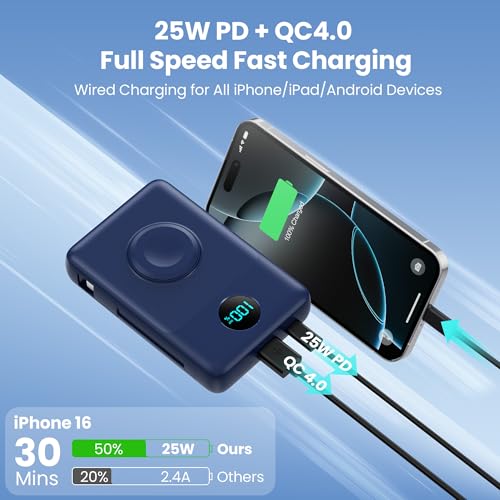 Image of APHUWJ Magnetic Portable Charger for iPhone with Built-in Cables, 10800mAh 25W PD Fast Charging Power Bank, 6 Outputs Battery Pack for iPhone 17 /16 /15 /14 /13 /12,Apple Watch Travel Essential (Blue)