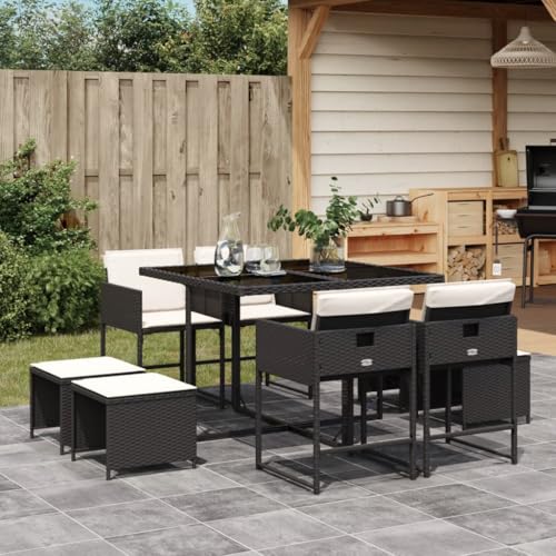 Ziaphsol Salon de jardin 9 pièces avec coussins, en polyrotin noir, design cube peu encombrant, résistant aux UV, pour terrasse, balcon, extérieur, charge...