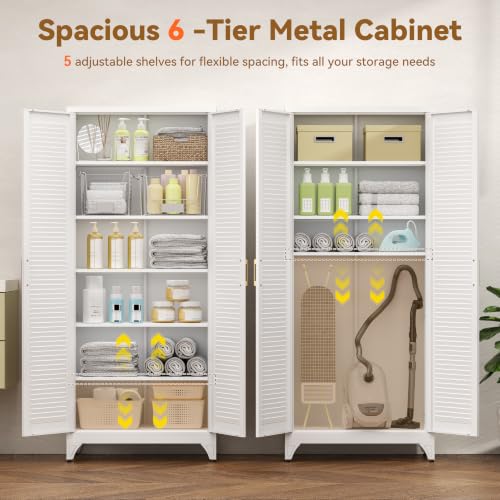 Image of Polup 75 inch Kitchen Pantry Cabinet, White Metal Storage Cabinet with Doors and 5 Adjustable Shelves, Tall Metal Pantry Cabinets, Large Cupboard for Kitchen, Dining Living Room, Bathroom, Office