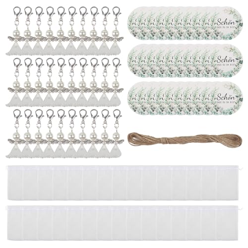 JRJRN 30 Pièces Ange Porte-Clés, Pendentifs de Baptême Porte avec Sac en Organza, Ensemble de Porte-Clés Petit Ange avec Pendentifs en Papier et Ficelle...