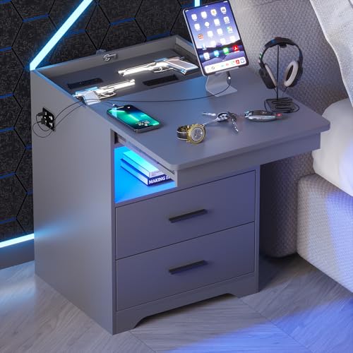 Gurexl LED Bedside Cabinet with 3 Lights, Dimmable, Smart Bedside Table with Charging Function, Lockable Drawers, Sideboard with 3 Drawers, USB Type-C Living Room, Grey Gurexl LED Bedside Cabinet with 3 Lights, Dimmable, Smart Bedside Table with Charging Function, Lockable Drawers, Sideboard with 3 Drawers, USB Type-C Living Room, Grey