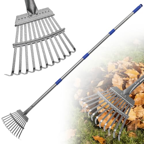 Gixmuoiy Garden Rake for Leaves, Heavy-Duty Small Metal Rake for Lawn, Yard, Garden Beds, Debris & Shrubs, 6 ft Adjustable Handle for Kids and Adults