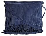 LiaTalia Womens Fringe Handbag - Real Italian Suede Leather - Tassle Effect Shoulder Bag - (Large Size) - ASHLEY [Navy]