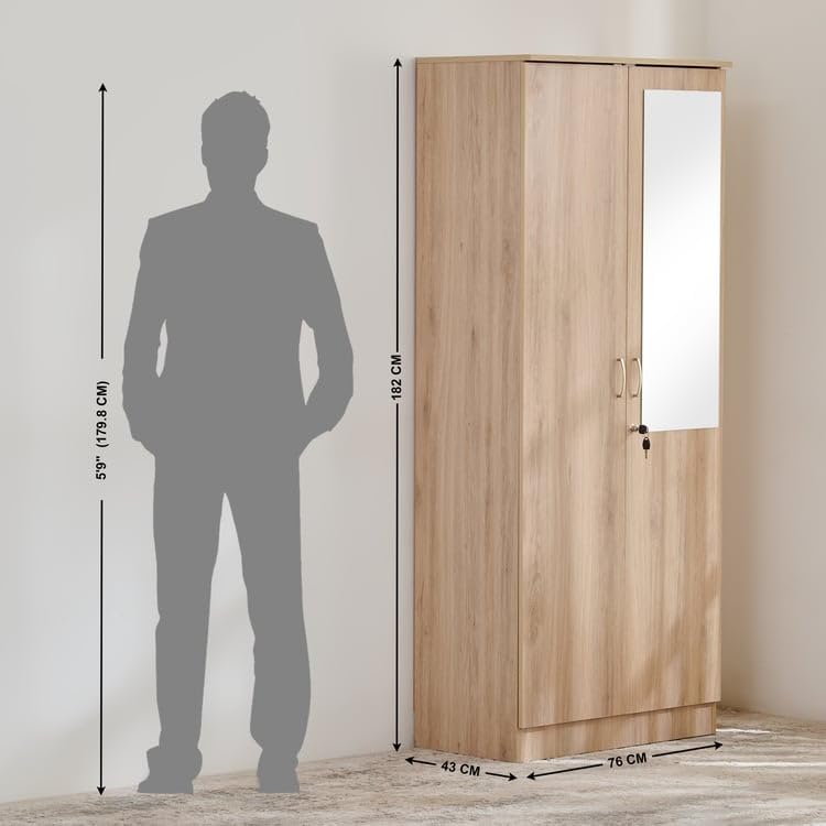 Image of Home Centre Engineered Wood Helios Alton 2-Door Wardrobe with Mirror, Brown