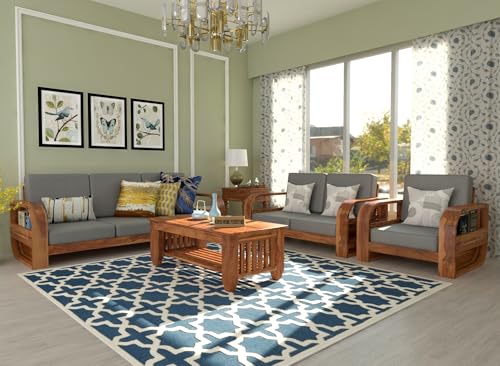 Image of Wooden 6 Seater Sofa Set for Living Room | Six Seater Sofa for Office & Lounge | 3+2+1 Seater Sofa Sets for Home | Sheesham Wood (3+2+1 Seater,Honey Finish)