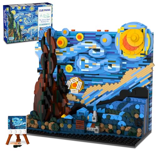 Image of CUBIMANA The Starry Night Building Set with LED Lights - 1501PCS Artwork 3.6MM Mini Blocks Building Sets for Adults, Famous Paintings Architecture Projects Home Art Decor for Men Women