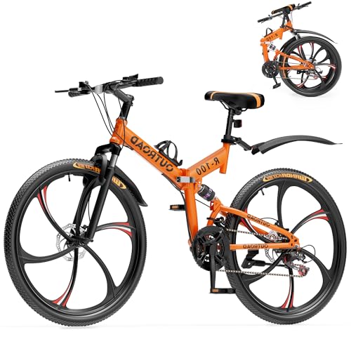 Betterland 26 Inch Mountain Bike, 21 Speeds Full Suspension Dual Disc Brake, Folding Bikes High Carbon Steel Frame and Non-Slip Quick Release tire Bicycle for Men Women(HM-Orange)