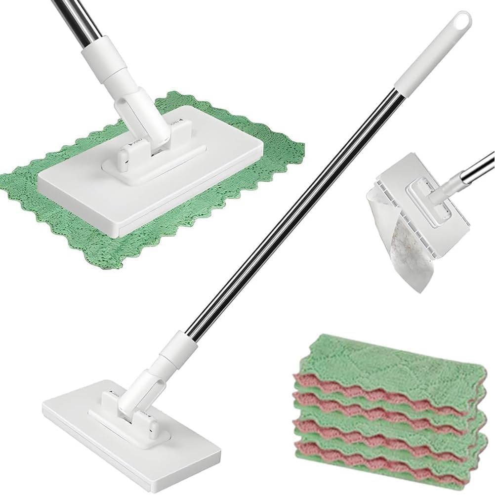 Terraphy White Multi Function Lazy Mop, Lazy Mop Clip On,Disposable Dust Portable Mops With 4 Reusable Cloths,Hands-Free With Automatic Cloth Changing & 360°, Wet And Dry Floor Mops