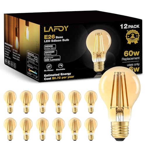 Image of Lafoy A19 Amber 2200K Soft Warm E26 Light Bulbs, Dimmable Vintage LED Edison Bulbs 60 Watt Equivalent, 550 Lumen Medium Base Lightbulbs, Antique Old-Fashioned Style 60W Replacement, 120V 12 Pack