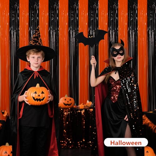 Image of BEISHIDA Black Orange Door Streamers Backdrop Foil Fringe Tinsel Party Streamers Curtains Photo Backdrop - 2Pcs for Birthday Graduation Halloween Party Decoations