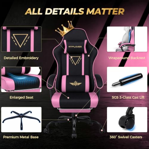 Image of GTPLAYER Video Gaming Chair Fabric, Ergonomic Computer Chair with Footrest and Pocket Spring Cushion, Height Adjustable Video Gamer Chair with Lumbar Support for Adults, Pink