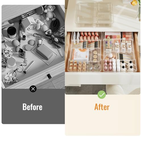 Wi4you Expandable Drawer Organizer Tray from 11” to 19.1”, Adjustable Silverware in Drawer Holder, Clear Plastic Drawer Storage with Sliding Dividers for Utensil, Cosmetics, Toiletries, Offices