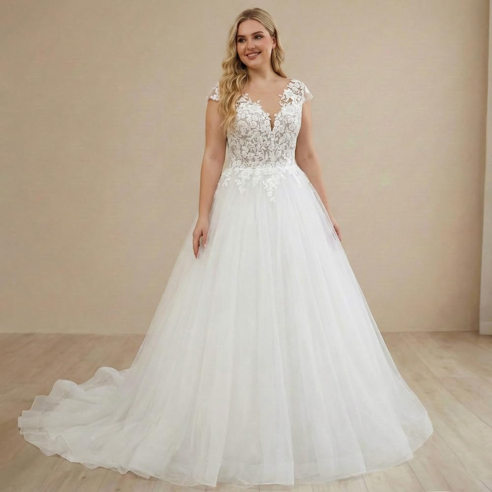 Glitter Tulle Dentelle Ligne A Robe de mariée Col V Illusion Grande Taille Lacé Corset Femmes Robe de Mariage AL-VN1042