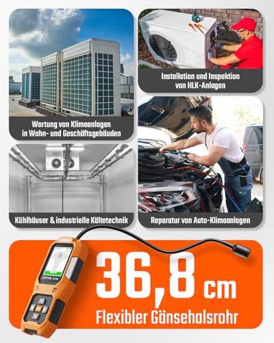 TOPTES RT-389 Wiederaufladbarer Kältemittel-Leckdetektor, Freon-Leckdetektor mit 3 Empfindlichkeitsmodi und 3 Alarmtypen, für FCKWs, HFCKWs, HFKWs, HFOs und KW für Auto, Zuhause und Industrie – Orange