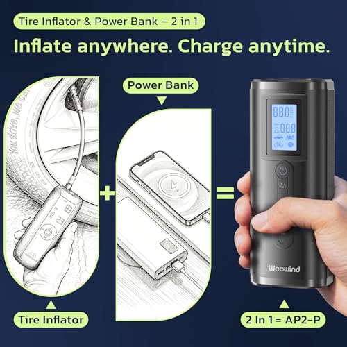 Image of Woowind Tire Inflator & Power Bank 2 in 1 Portable Air Compressor, Electric Bike Pump with Digital Pressure Gauge, Air Pump for Car Tires, Bicycle, Motorcycle, Scooter, Balls (AP2-P)