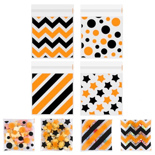 100 PCS Black Orange Polka Dots Star Stripe Cellophane bags(4x4 Inch) Colorful Self Sealing Cookie Treat Snack Goodie Candy Goody Gifts Bags for Halloween Birthday Holiday Party Favors Supplies Wrap