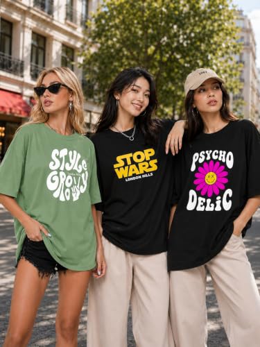 Image of London Hills Oversized Tshirt for Woman | t Shirt for Woman Oversized Fit Printed Round Neck | Tops for Woman's | Women t Shirt Loose Fit Drop Shoulder | t Shirts for Women | Western Tops