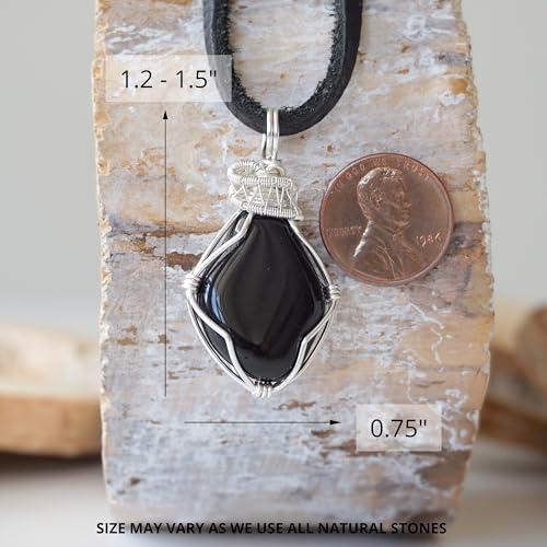 Designs by Nature Gems Onyx Necklace, Handmade Black Onyx Pendant, Comes with a 24 inch Black Leather Cord, Wire Wrapped in Silver Plated, Men's Necklace, December Birthstone4