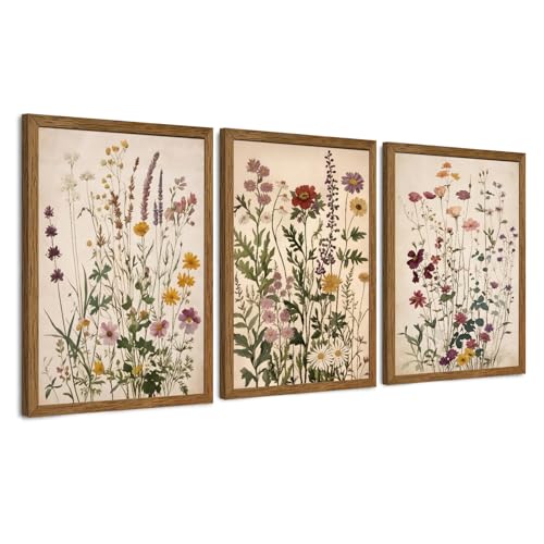 AVECCO Vintage Color Wildflower Canvas 3 Pieces Wall Art, Nature