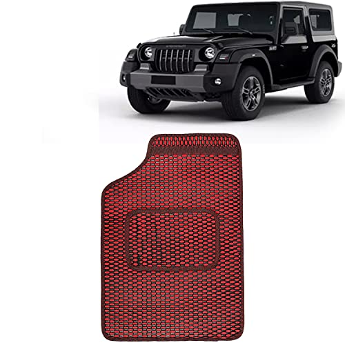 Image of Kingsway Dotted Design Car Floor Foot Mats Universal Fit for Mahindra Thar, Model Year : 2020 Onwards, Water and Dustproof, Color Red, Set of 5 Pieces