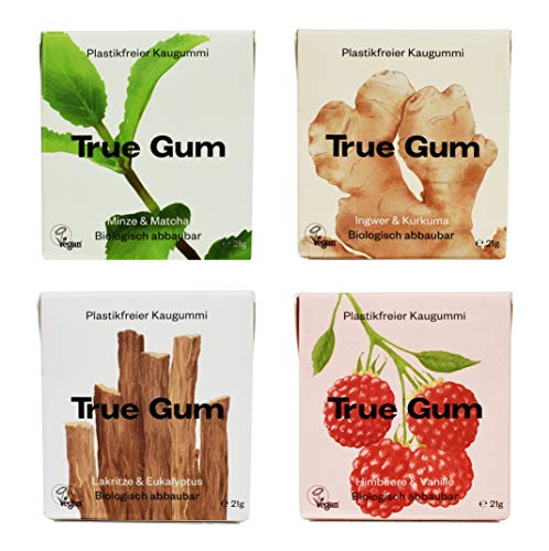True Gum Probierset 4 Sorten | Plastikfreier Kaugummi | Biologisch Abbaubar | Vegan | 21 g (1x pro Sorte: Ingwer & Kurkuma, Pfefferminze & Matcha, Süssholz & Eukalyptus, Himbeere & Vanille), 84 g