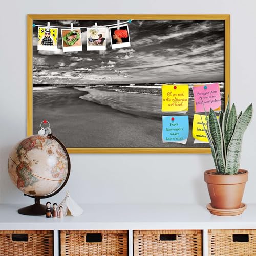 Image of ArtzFolio Sea, Air, & Land Monochrome Contrast | Bulletin Board Notice Pin Board | Vision Soft Board Combo with Thumb Push Pins & Sticky Notes | Golden Frame | 23.5 x 16 inch (60 x 41 cms)