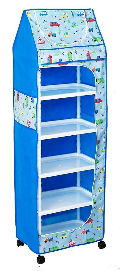 KOSMER Baby Wardrobe Plastic Multipurpose 6 Shelve, Foldable, Collapsible Wardrobe for Kids Clothes/Toy/Book, Baby Cupboard for Clothes UpSpace Organizer Cartoon with Wheels (Car, 6)