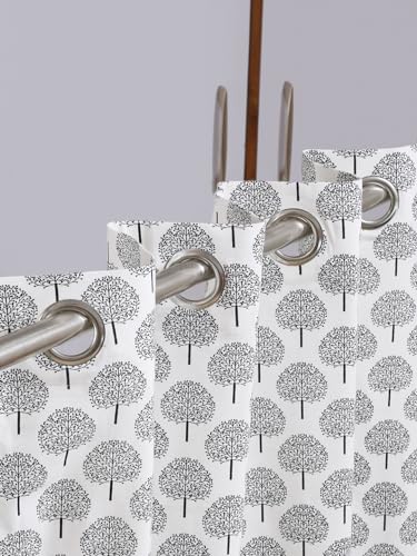 Image of Cortina Tree Light-Filtering 100% Cotton Curtains 5 feet Long Set of 1 for Window [ Opacity: 50-60%, Color: White Black, 180 GSM ]