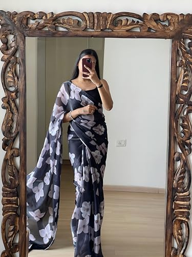 Image of StyleScope Women's Georgette Printed Lace Bordered Ready To Wear One Minute Saree With Print Unstitched Blouse Piece (RTW Mix Free Size)