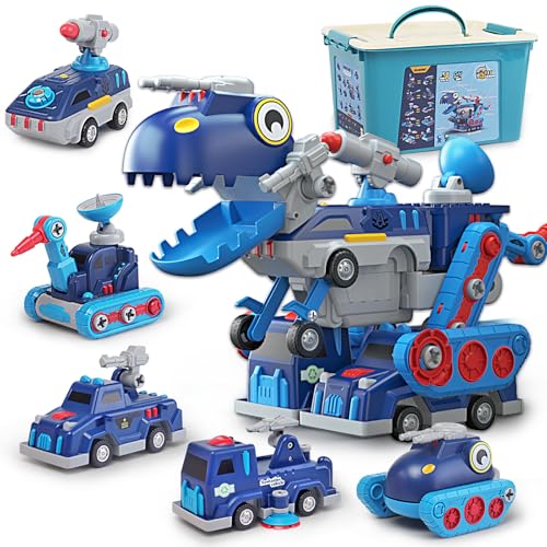 Take Apart Vehicle Magnetic Toy, 5-in-1 Tool Building Trucks Transform to Dinosaur Robot STEM Assemble Car with Storage Box, Kids Child Holiday Birthday Present for 3 4 5 6 7 8 Year Old Boys Girls