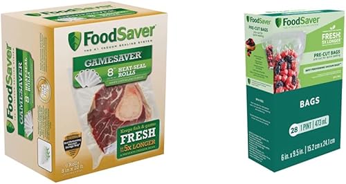 FoodSaver GameSaver - Bolsas selladoras al vacío, 8 x 20 pies y FoodSaver 1 pinta precortadas al vacío con construcción multicapa sin BPA para