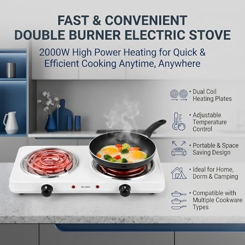 Image of Wellberg 2000W Double Burner Electric Cooking Stove with Fast Heating Coils, Temperature Control Switch and Portable Design for Daily Kitchen Cooking