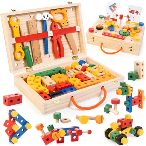 WOOOMAM Kids Tool Set, 90 PCS Wooden Toddler Tool Set with Box and Flash Cards, Tool Kit for Kids Age 3-5 Years, Toddler Boy Toys, FSC Certified Material
