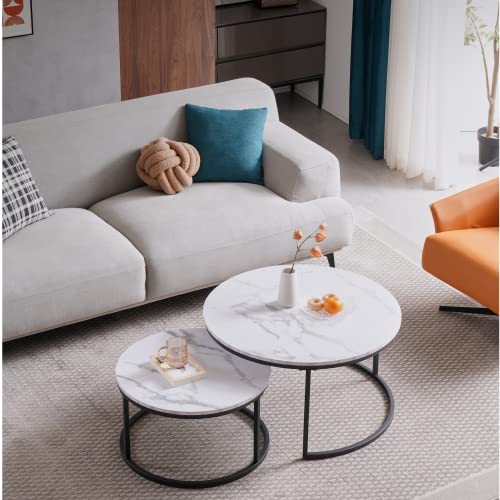 Image of HJhomheart 2 Sets of Nesting Tables, Round Coffee Table, Coffee Table for Living Room, Large: 60x60x45cm; Small: 40x40x35 cm, White+Black