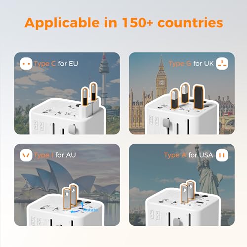TESSAN Universal Travel Adapter, International Power Adapter with 2 USB C 2 USB A Ports, Travel Plug Adaptor Worldwide for US to Europe UK Italy Ireland Australia France Germany(Type C G A I) - Image 3