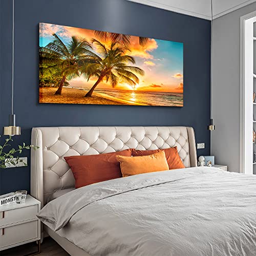 Ephany Golden Ocean Beach Palm Wall Art Art - 1 Piece Canvas Wall Art Sunset See Tree Landscape Canvas Paintings Posters Print On Canvas Stretched And Framed Ready To Hang (F-1Pcs,20X40Inchx1Pcs) #TOP1