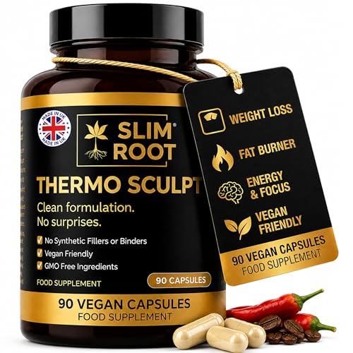 Weight Loss Supplement - Slim Root Thermo Sculpt, 90 Vegan Capsules Made in UK - Thermogenic Fat Burner 600mg with 194mg Caffeine, Appetite Suppressant, Metabolism, Energy & Focus for Women & Men