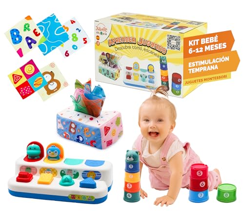 Juguetes Bebe 6-12 Meses Montessori para Estimulación Temprana | Juguetes Bebe 1 Año con Guias y Vídeos Educativos de 0-12 Meses | Cubos apilables Causa-Efecto Caja pañuelos | Regalo Montessori 1 año