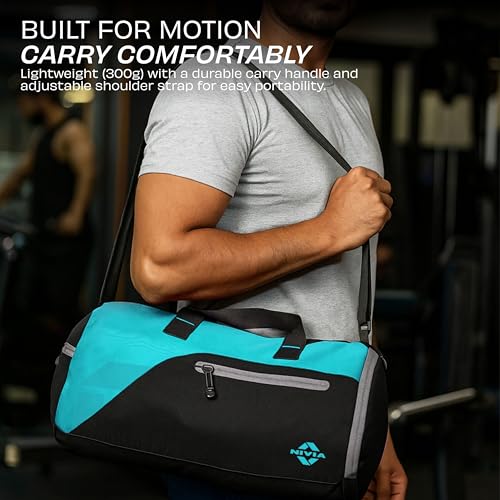 Image of Nivia Fuse Gym Duffle Bag for Men and Women, 25L Lightweight Training and Travel Bag with Shoe Compartment, Quick Access Pockets, and Adjustable Strap, Designed for Athletes, Travel (Black /Sky Blue)