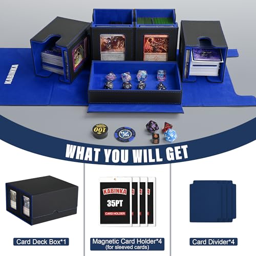 Image of Kabinka Card Deck Box for MTG Commander, Holds 400+ Double-Sleeved Cards, 5 IN 1 Detachable Card Case with Dice Tray, Fits Magic /TCG Cards, 4 Magnetic Card Holders & Dividers (Black Blue)