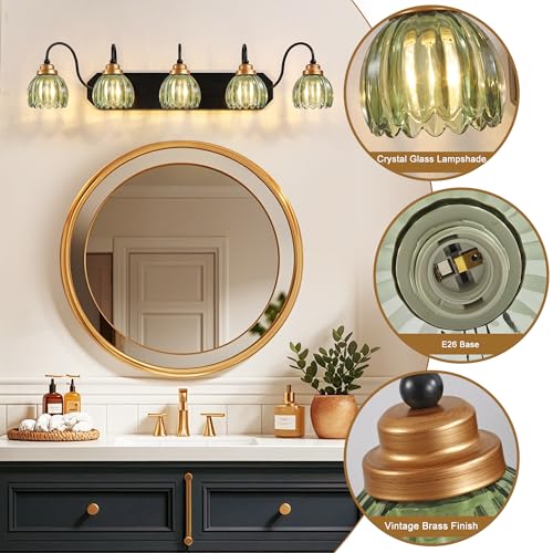 Image of Vintage Gold Bathroom Light Fixtures, 5 Light Green Tulip Crystal