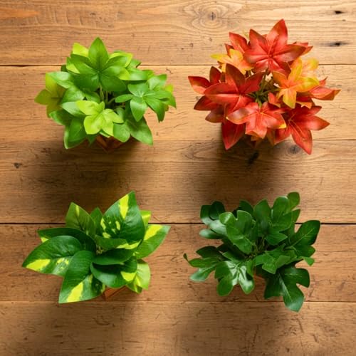 Image of DecoreBugs Artificial Leaves Potted Plants in Wooden Pot (4 Pack) Money Plant | Small Plants for Home Decor | Office Decor